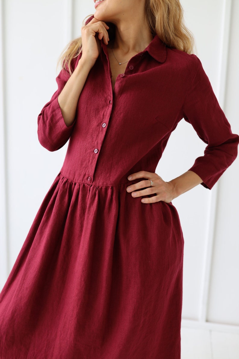 Long 100% Linen Collar Dress/ 1245 image 3