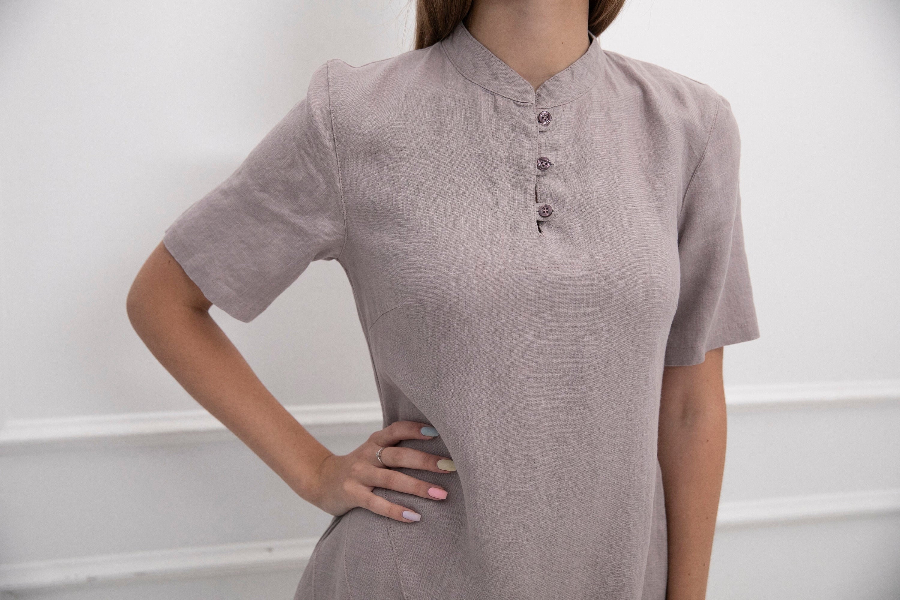 100 Linen Dress With Hand Embroidery / Midi Linen Dress/ Etsy