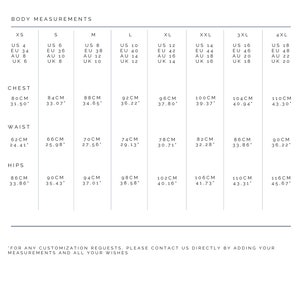 May include: Size chart for clothing with measurements in inches and centimeters. The chart shows sizes from XS to 4XL with corresponding US, EU, AU, and UK sizes. Measurements are provided for chest, waist, and hips.