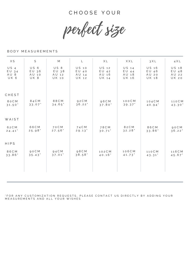 May include: Size chart for clothing with measurements in inches and centimeters. The chart shows sizes from XS to 4XL with corresponding US, EU, AU, and UK sizes. Measurements are provided for chest, waist, and hips.