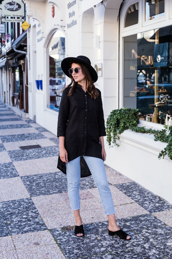 100% Linen Asymmetrical Shirt Dress/ Loose Linen Blouse/ 1501 100% Linen Asymmetrical Shirt Dress/ Loose Linen Blouse/ 1501
