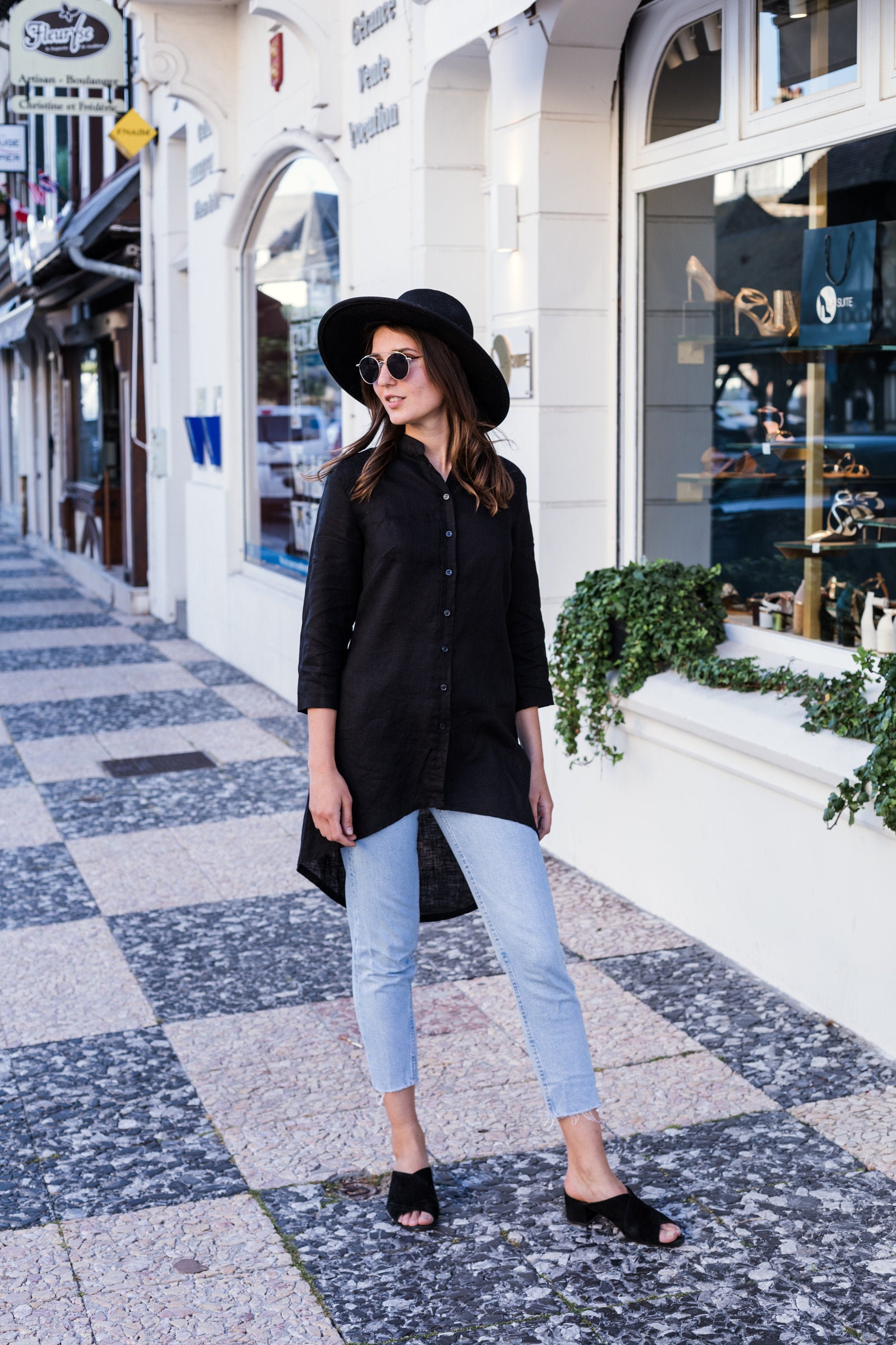 100% Linen Asymmetrical Shirt Dress/ Loose Linen Blouse/ 1501