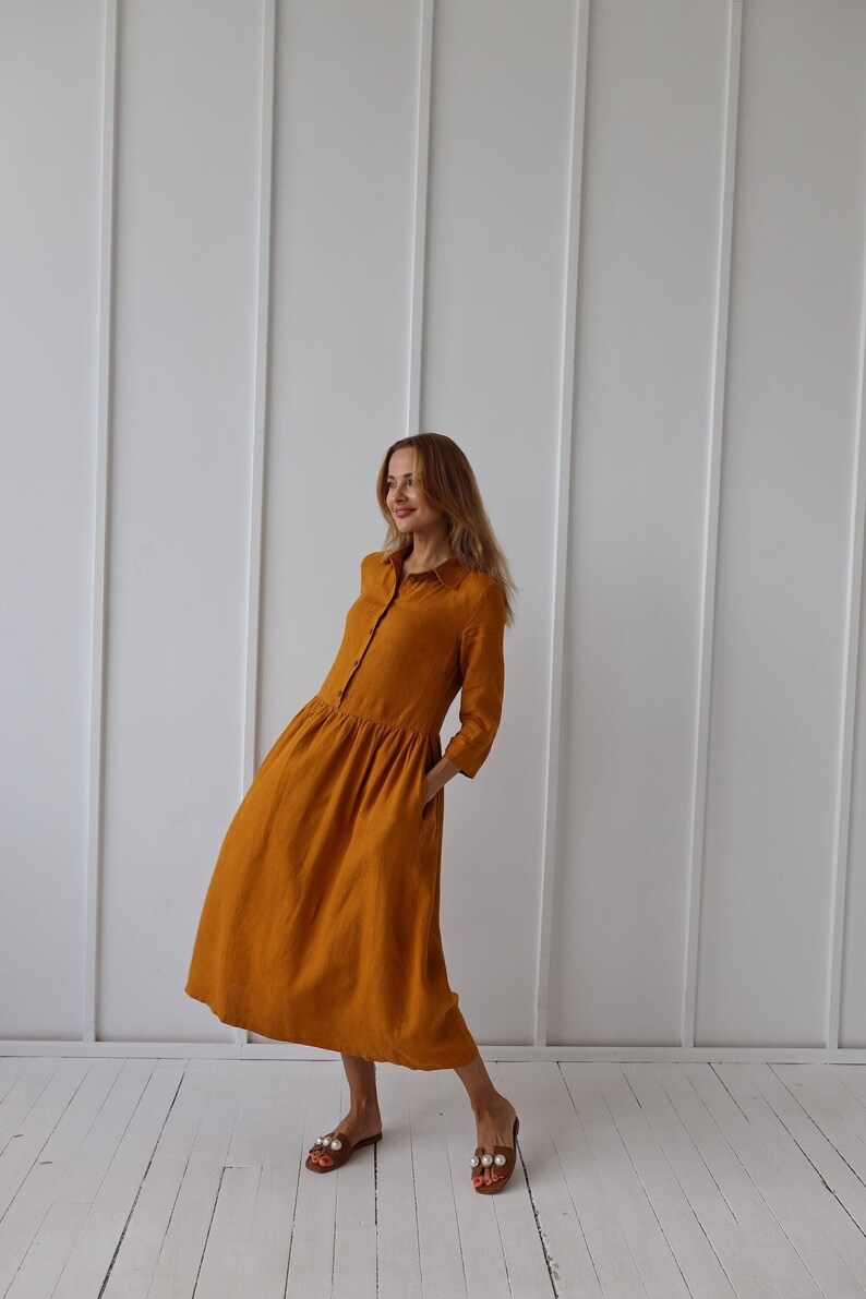 Long 100% Linen Collar Dress/ 1245 image 1