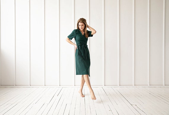 100% Linen Wrap Dress, Linen Maternity Dress Plus Size/ 1282