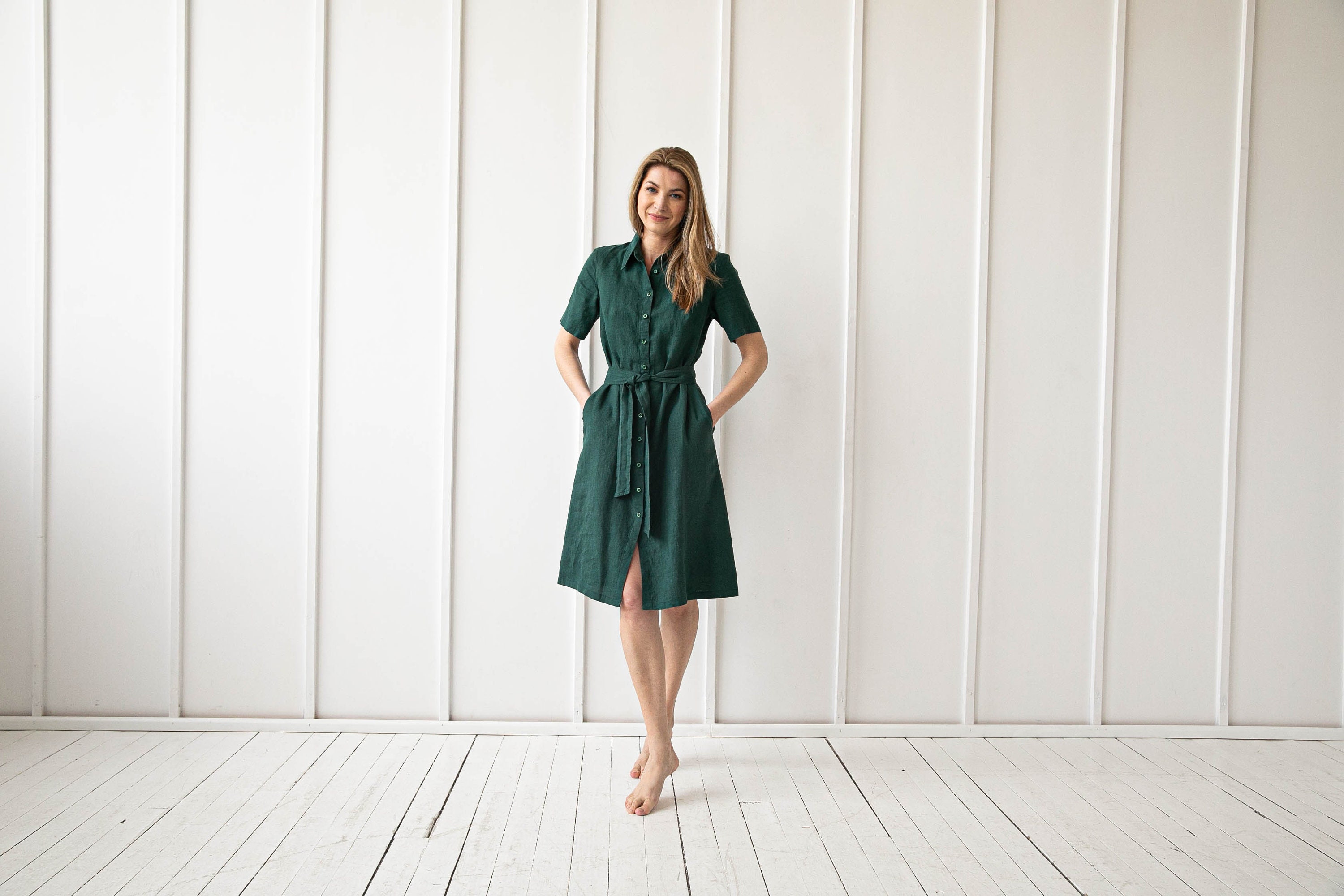 100% Linen Shirt Dress Collar Linen Dress Midi Linen Dress - Etsy