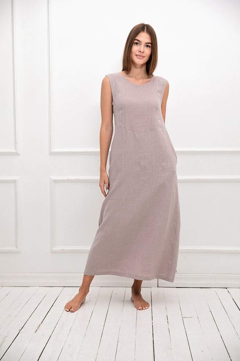 Long 100% Linen Midi Loose Dress With Hand Embroidery / 1203 image 4