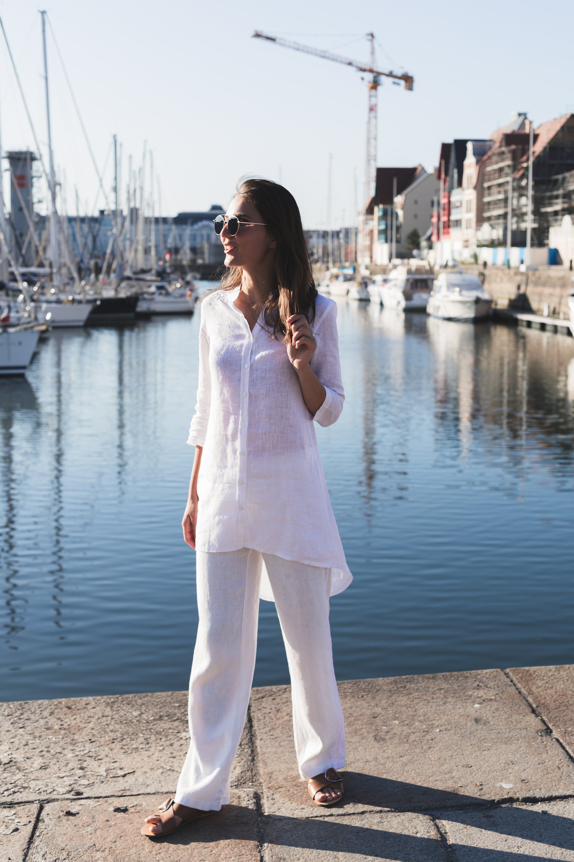 100% Linen Asymmetrical Shirt Dress/ Loose Linen Blouse/ 1501