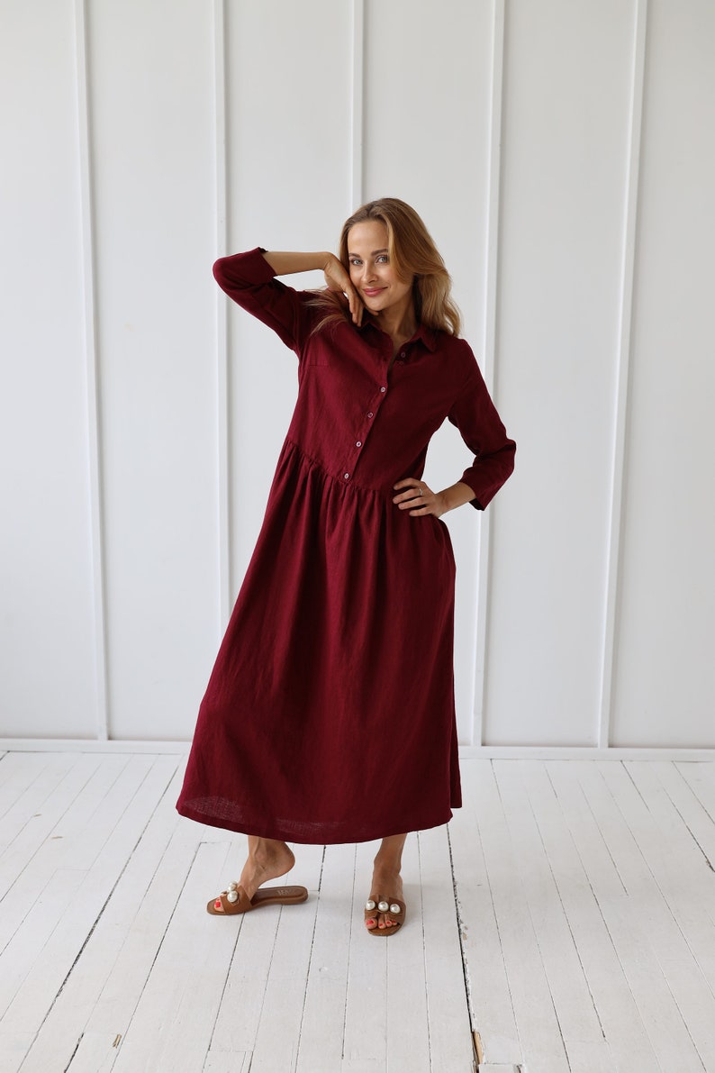 Long 100% Linen Collar Dress/ 1245 image 5