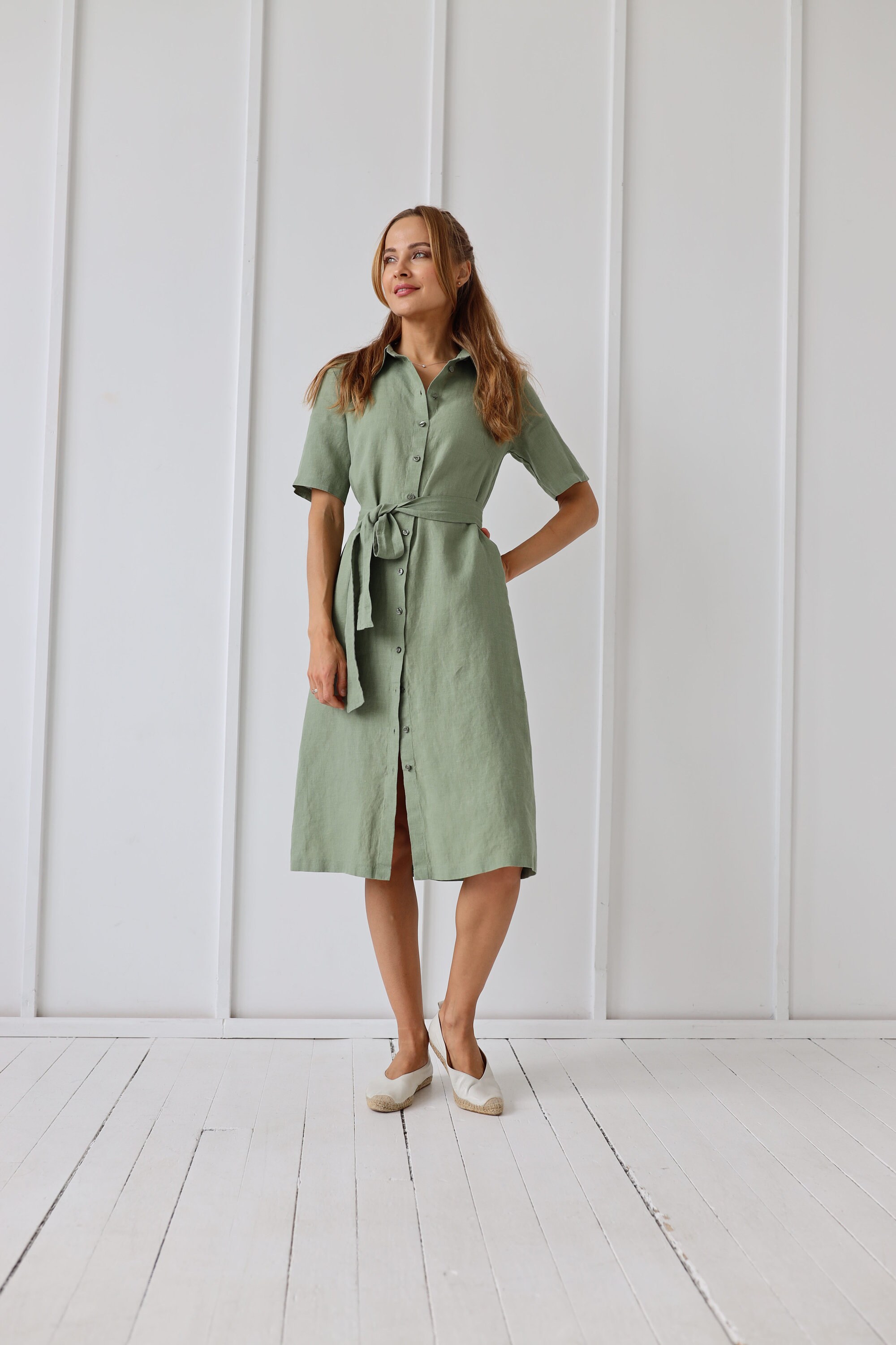 100% Linen Shirt Dress Collar Linen Dress Midi Linen Dress - Etsy