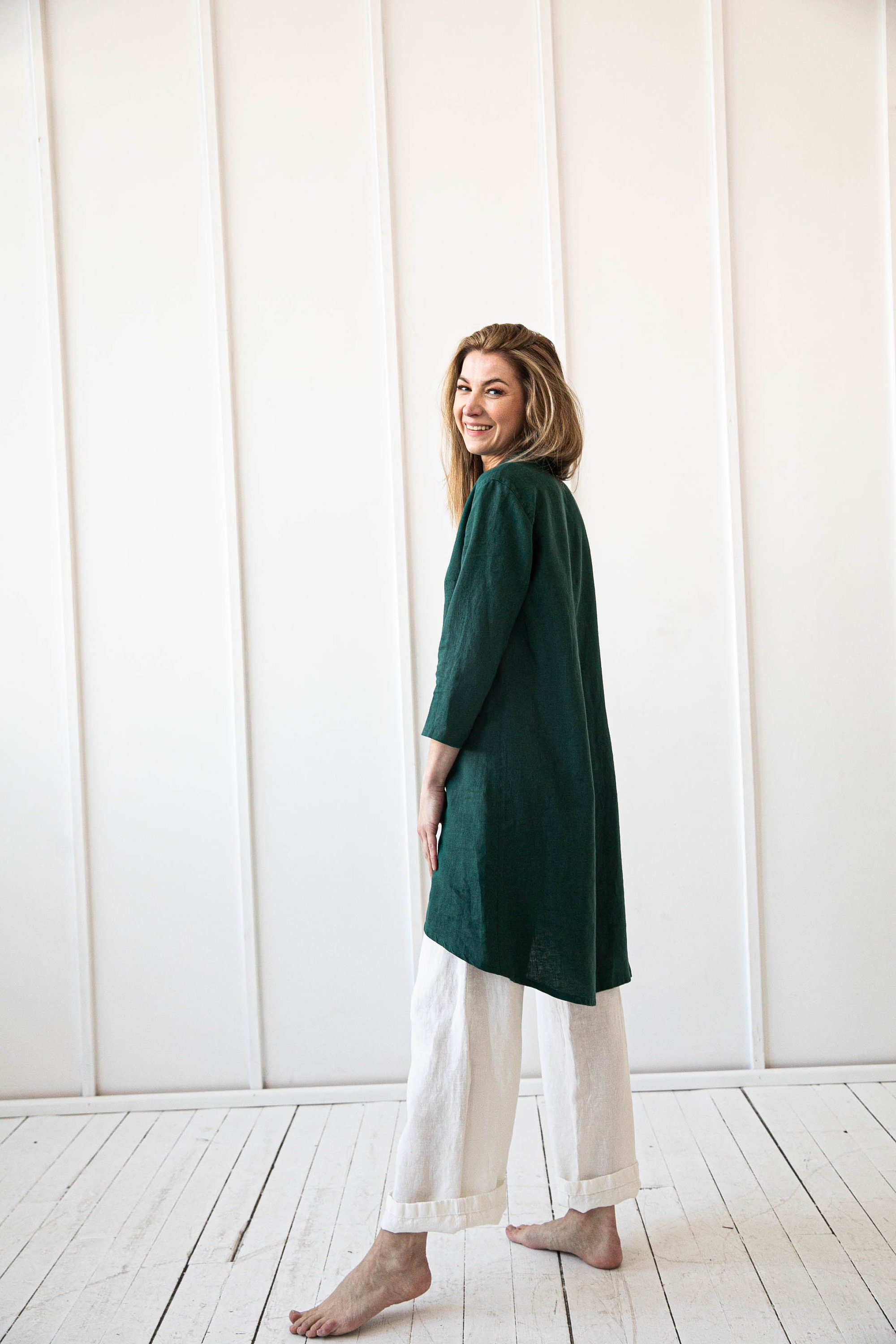 linen asymmetrical shirt dress 100% Dress/ Loose Linen Blouse/ 1501 Midi dress
