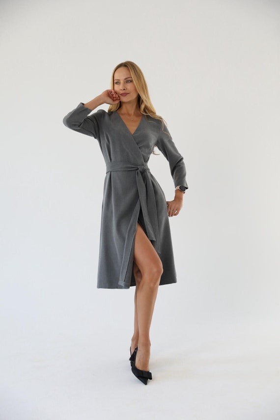 Winter/Fall Wrap Dress Long Sleeves, Loose Warm Dress, Customized Midi Dress, Hand Made Plus Size Robe/ 3082