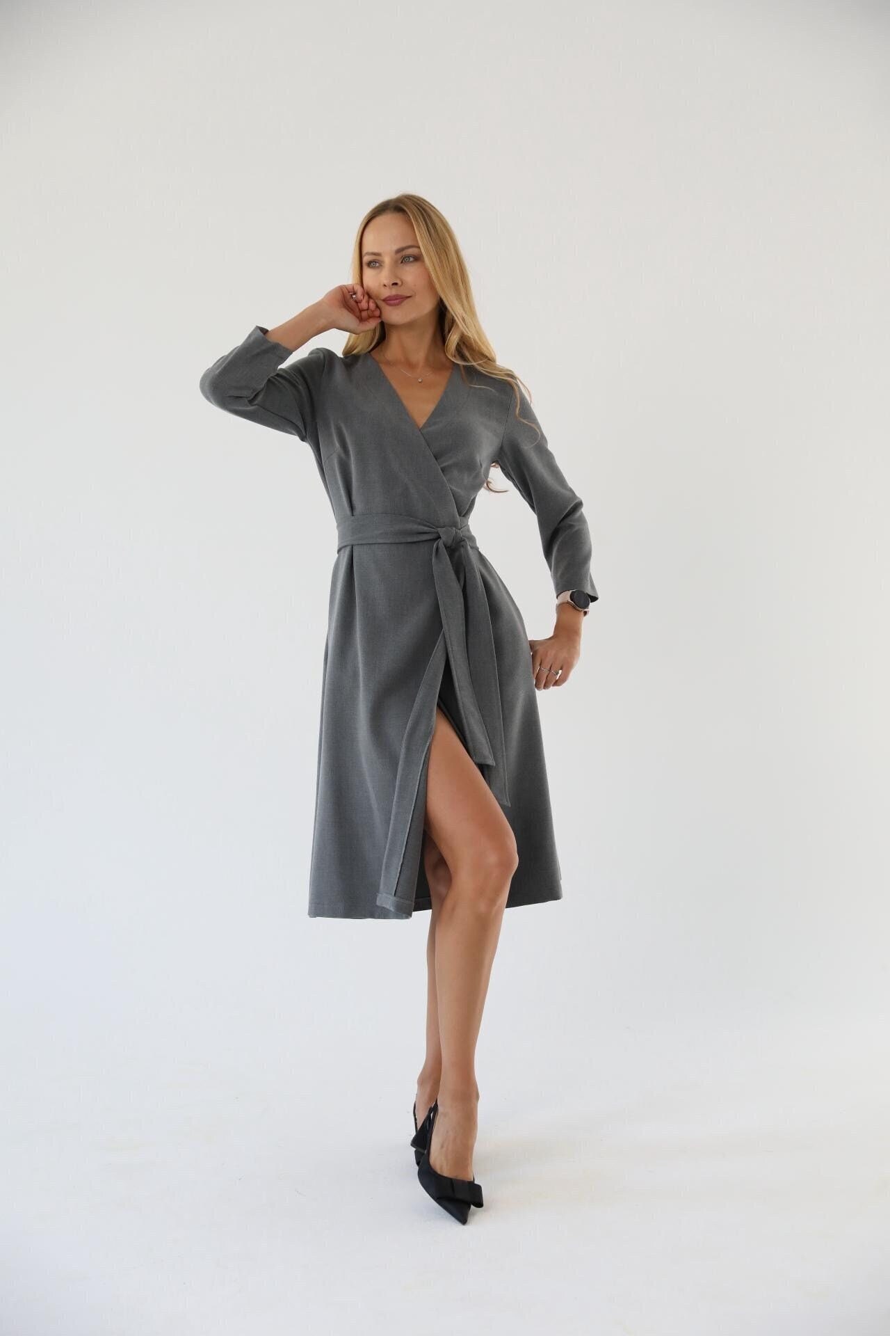 gray jersey wrap dress Winter/fall Long Sleeves, Loose Warm Dress, Customized Midi Dress, Hand Made Plus Size Robe/ 3082 Online Sample Sale