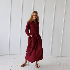 Long 100% Linen Collar Dress/ 1245 image 5