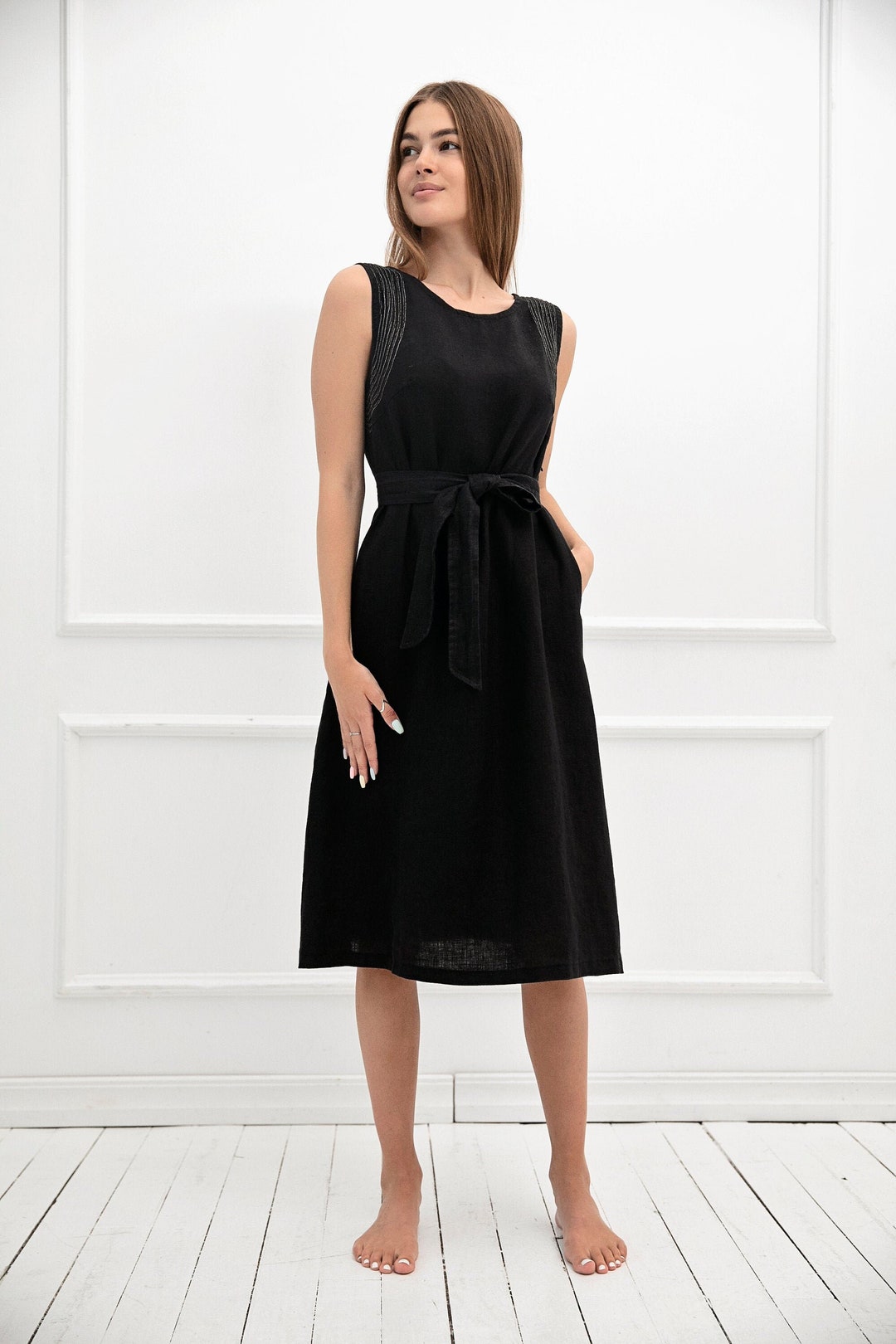 knee length dresses for ladies Embroidered Linen Blend Belted Black Midi Dress main image 0