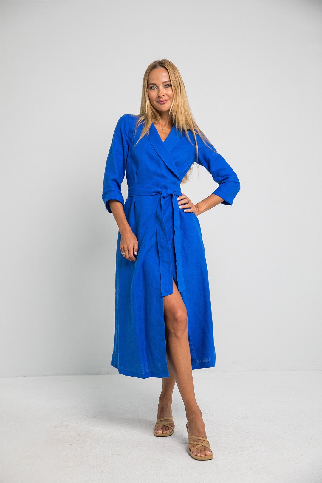Cotton & Linen Wrap Halter Knotted Long Dress