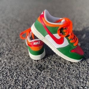 May include: A pair of green, orange, red, and white low-top sneakers with a white swoosh and the word "NIKE" on the side.
