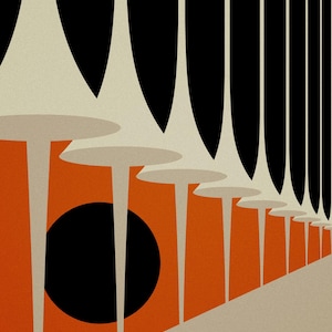 May include: A black and white abstract graphic design with a black circle in the centre. The graphic is on a background of orange and beige. The text "REMAIN NORMAL" and "DOOMSDAY LLC" is at the bottom of the image.
