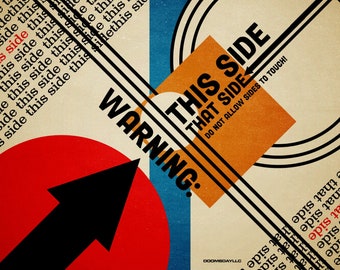 Póster retro estilo Bauhaus de 30 x 45 cm - Advertencia: Este lado Aquel lado