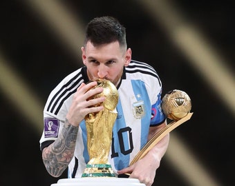 Messi with world cup trophy - plaque poster 18 x 24