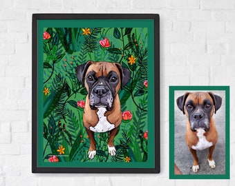 Unique Custom Pet Portrait - digital print, custom dog portrait, custom cat portrait, pet illustration, botanical prints, popular right now