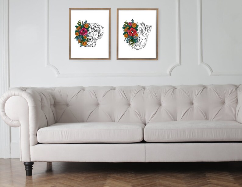 May include: Two black and white illustrations of a dog's head with a floral wreath around its face. The flowers are in shades of pink, red, orange, and yellow.