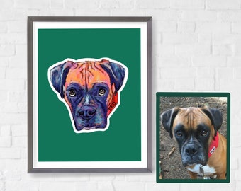 May include: A colorful illustration of a boxer dog with a red collar that says "TED" on it. The illustration is on a green background.