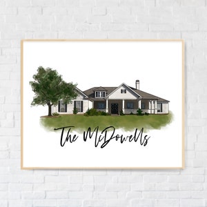 May include: A watercolor illustration of a white house with a green lawn and a tree. The text "The McDowells" is written below the house.