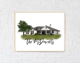 May include: A watercolor illustration of a white house with a green lawn and a tree. The text "The McDowells" is written below the house.
