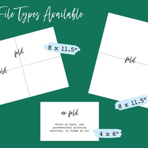 May include: A graphic showing different file types available for a printable design. The options include a folded card with two folds, a folded card with one fold, and a flat card. The dimensions of each card are listed in inches. The text "no fold" is also included, indicating that the design can be printed without folding.