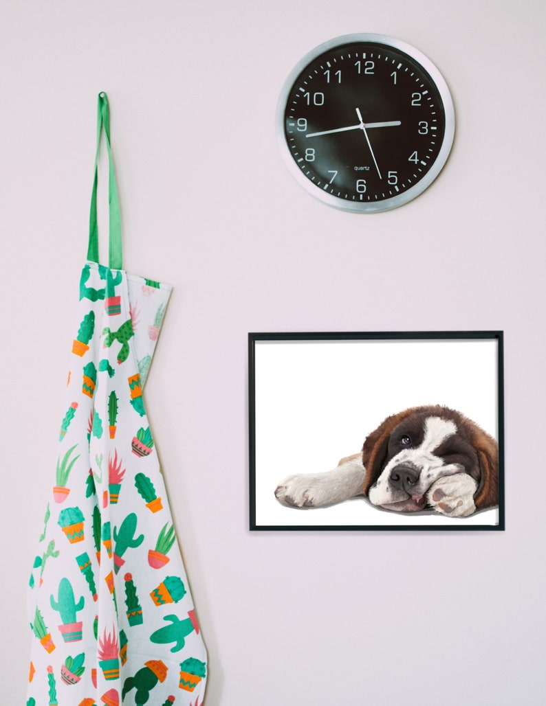May include: A framed print of a brown and white puppy dog lying down with its head resting on its paw. The dog is looking at the camera with a sleepy expression.