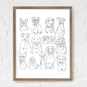 Impresión minimalista de perros de dibujos animados - descarga instantánea, impresión digital, garabatos de perros, dibujos de perros