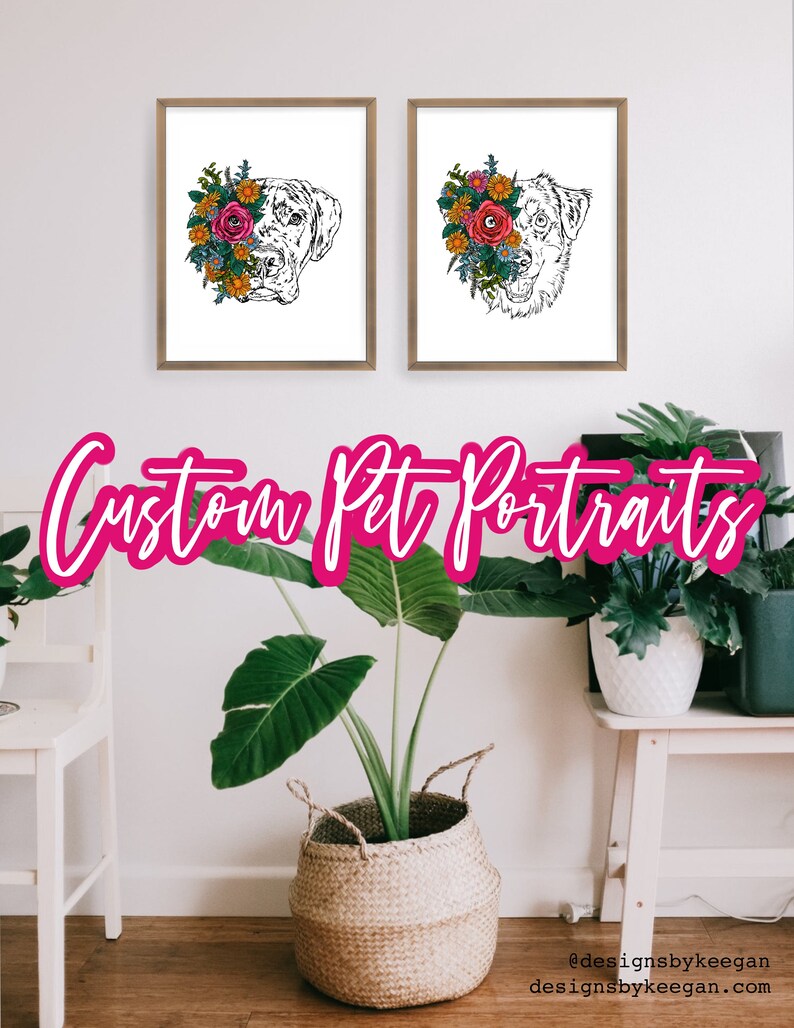 May include: Two custom pet portraits of dogs with floral wreaths around their heads. The portraits are in black and white and are framed in wood. The text "Custom Pet Portraits" is written in pink letters below the portraits.