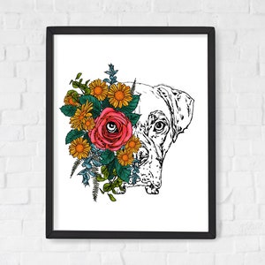 May include: A black and white line drawing of a dog's head with a bouquet of flowers covering one eye. The flowers are yellow, pink, and blue.