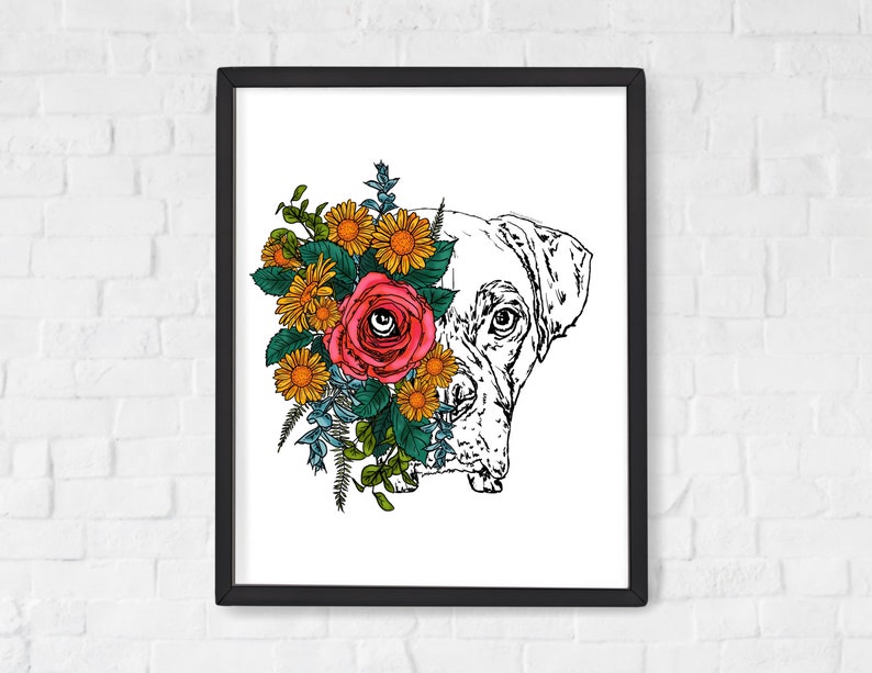 May include: A black and white line drawing of a dog's head with a bouquet of flowers covering one eye. The flowers are yellow, pink, and blue.