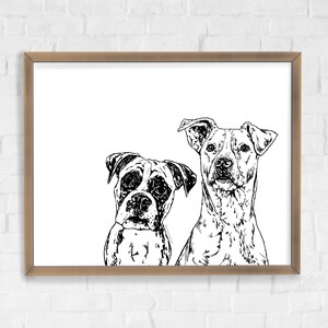 May include: Black and white line art illustration of two dogs. A boxer dog and a terrier dog are looking at the viewer.