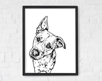 May include: Black and white line art illustration of a dog's head. The dog is looking to the left of the image and has a curious expression.