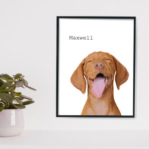 May include: A digital illustration of a brown dog with its tongue sticking out. The dog is smiling and has its eyes closed. The text "Maxwell" is printed above the dog.