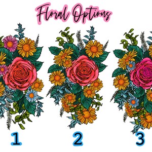 May include: Three floral arrangements with pink roses, yellow and white daisies, and blue flowers. The arrangements are labeled 1, 2, and 3.