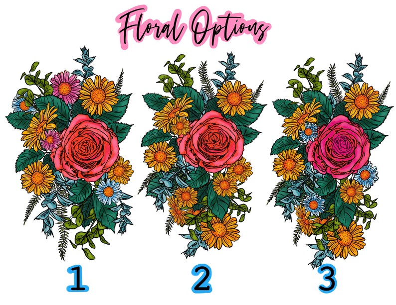 May include: Three floral arrangements with pink roses, yellow and white daisies, and blue flowers. The arrangements are labeled 1, 2, and 3.