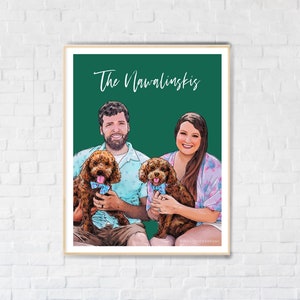 May include: A digital illustration of a couple with two brown dogs. The couple is standing in front of a green background with the text "The Nawalinskis" at the top.