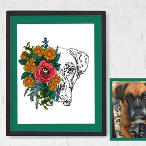 May include: A black and white line drawing of a boxer dog's head with a large pink rose and yellow flowers covering one eye. The drawing is framed in a black frame with a green mat.
