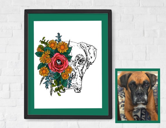 Floral Pet Portrait - digital print, unique dog portrait, custom pet portrait, portrait from photo, popular right now