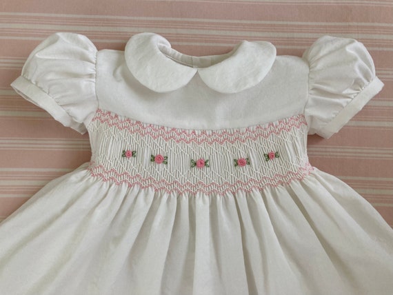 Sweetly Smocked Dress for Baby Girl. Size 6-9 months. Delicate and Uniquely Smocked and Embroidered Baby Dress. Finished and ready to ship!