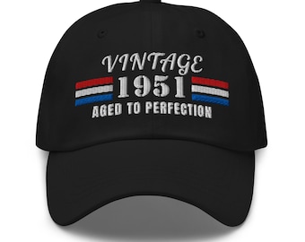Gorra de béisbol patriótica de 1951, regalo de cumpleaños número 75 • Nacido en 1951 • Vintage 1951, envejecido a la perfección • Regalo para hombres o mujeres de 75 años