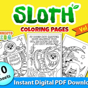 Sloths Coloring Pages Vol.1 - 10 Printable Awesome Sloth Coloring Pages for kids, Boys, Girls and Birthday Party Activities