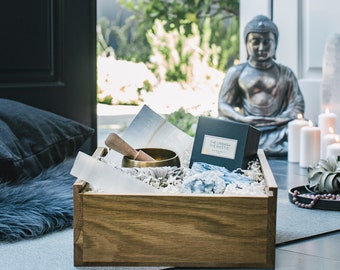 The Meditation Box | Crystals, Sage, Candle, and Singing Bowl Keepsake Gift Box Set | Self Care Gift | Stress Relief Relaxation Gift Basket