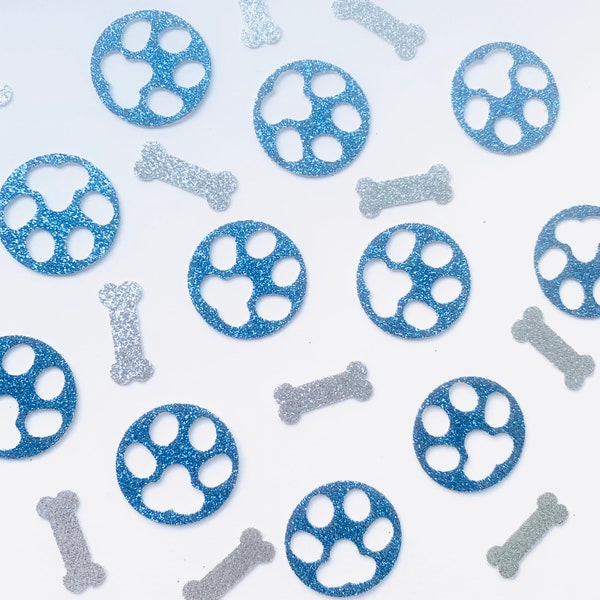 50 x Glitter Dog Paw Print & Bones Table Confetti Sprinkles, Birthday, Party, Silver, Blue