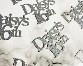 20 x gepersonaliseerde naam en leeftijd glitter tafelconfetti/hagelslag, 16e verjaardagsfeestje, elke verjaardag, elke naam, zilver, veel meer kleuren