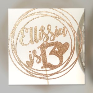 1 x Personalised Circle Glitter Cake Topper, 13th Birthday, Personalised, Any Name, Any Age, Party, Rose Gold, Many Colours, Border
