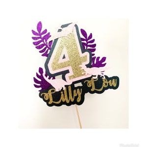 1 x Dinosaur Layered Girls Glitter Cake Topper, Personalised, Any Name, Any Age, Birthday Party, Pink, Purple, 4th Birthday, Dino Theme